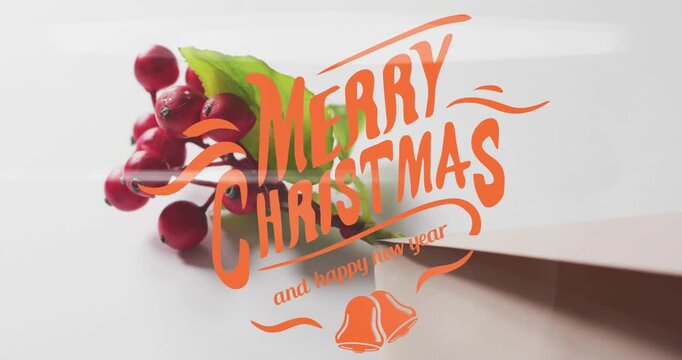 Animation of merry christmas and happy new year text banner over red berries and envelope