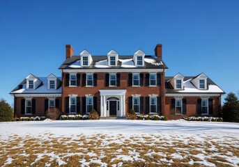A large brick house with snow on the ground and a clear blue sky