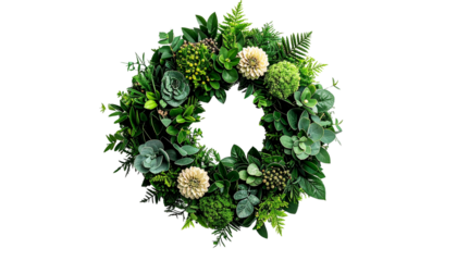 Elegant greenery wreath home floral arrangement top view isolated on solid white background3