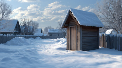 Village outhouse in snow