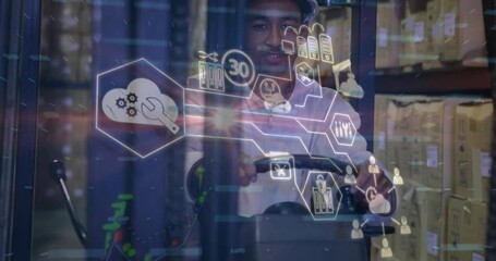 Animation of data processing over african american male worker in warehouse - Powered by Adobe