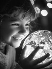Naklejka premium Delighted Child Gazing at Illuminated Globe