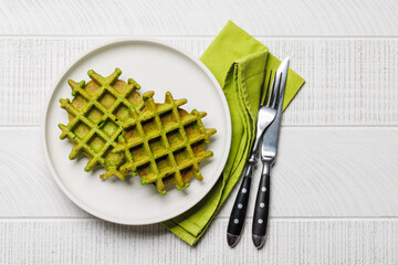Green vegan spinach waffles top view