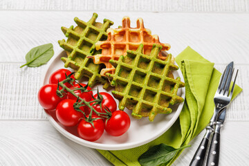 Green vegan spinach waffles top view