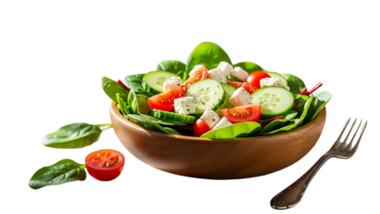 Fresh Greek Salad with Feta, Cucumber, and Tomatoes in Wooden Bowl, Healthy Food Concept, isolated on transparent background