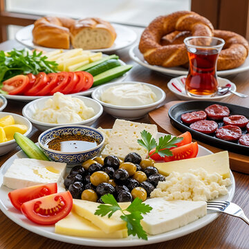 A rich and traditional Turkish breakfast spread featuring various cheeses, olives, fresh vegetables, sucuk, simit, and tea.