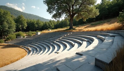 Fototapeta premium Stone amphitheater in nature setting. Empty amphitheatre with green trees and yellow grass. Outdoor stage design located in park. Architectural structure for event concert performance