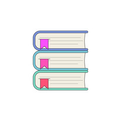 Stacked books illustration with different cover colors on a white background. Education theme. Vector illustration.