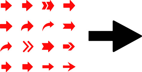 A vibrant collection of red directional arrows with a contrasting large black pointer. Vector illustration