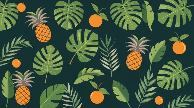 Tropical pattern flat vector animation with monstera leaves, pineapples, and oranges. Seamless looping background for summer and travel themes. Professional 4k.