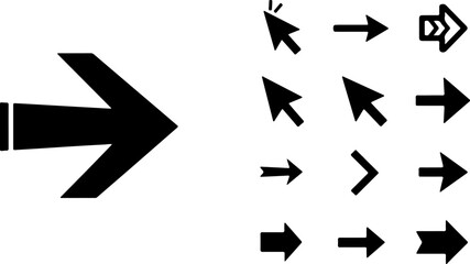 A collection of black arrow icons focusing on computer mouse styles and click effects. Vector illustration