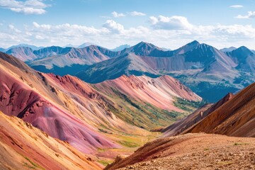 Colorful mountain ranges under blue sky