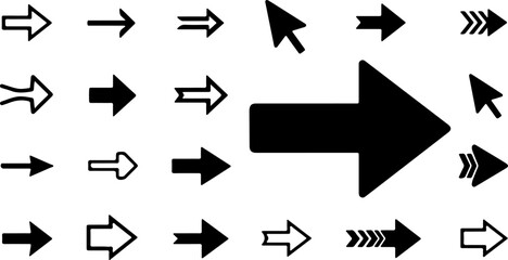 A comprehensive set of arrow icons featuring outline, solid, and hand-drawn styles. Vector illustration