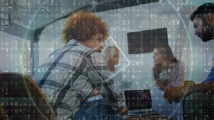 Animation of binary coding and data processing over diverse business people working in office - Powered by Adobe