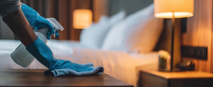 The housekeeper cleaning a bedside table in a modern hotel room with lamp