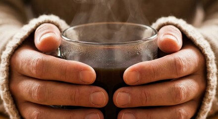 Hands Holding Steaming Mug of Hot Drink for Warmth and Comfort
