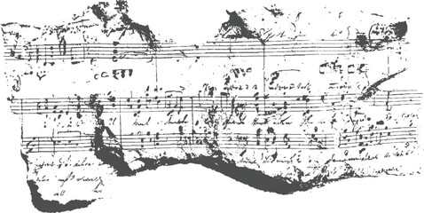 Damaged vintage sheet music featuring handwritten musical notation and clefs, with torn edges and a distressed texture, suggesting a lost or forgotten composition