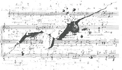 Fragmented vintage sheet music with ink splatters and torn edges, showcasing handwritten musical notation and a sense of artistic decay and imperfection