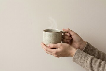 Hands holding a steaming mug of hot beverage
