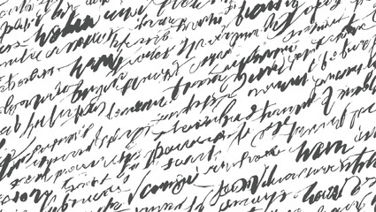 Dense, flowing cursive script fills the frame, creating a textured background of abstract handwritten words and letters in a monochrome palette