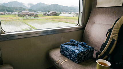 田園風景を眺める列車の窓際に置かれた風呂敷包み
