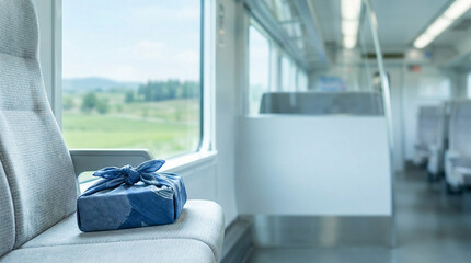 モダンな列車内に置かれた藍染め風呂敷のお弁当包み