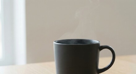 Steaming Black Mug on Wooden Table
