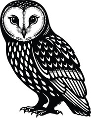 Owl Standing Bird Black and White Vector Illustration