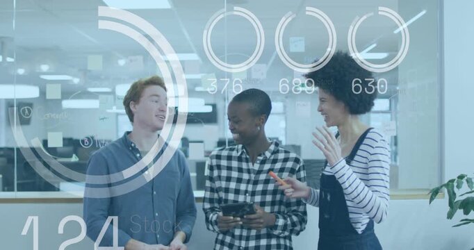 Animation of scopes and numbers over diverse business people in office