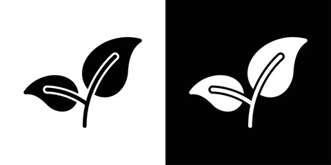 Fototapeta premium Leaf icon in solid fill style, displayed in black on white and white on black background. Perfect for nature visuals, eco branding, and sustainability themes.