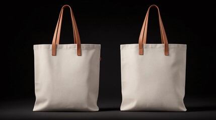 Two minimalist tote bags stand side by side against a stark black background, spotlighting their simple elegance and clean lines. The beige canvas and leather handles add a touch of sophistication.