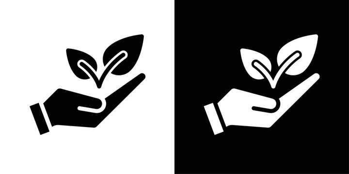 Hand with plant icon in solid fill style, shown in black on white and white on black background. Ideal for sustainability, environmental care, and growth-focused designs.