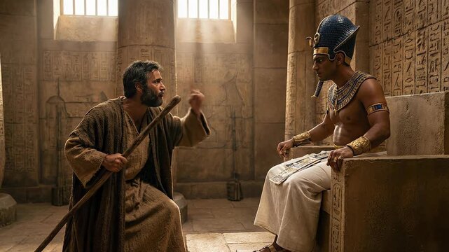 Prophet Moses Standing with Staff before Pharaoh Seated on Throne in Egyptian Palace Demanding Freedom for Israelites