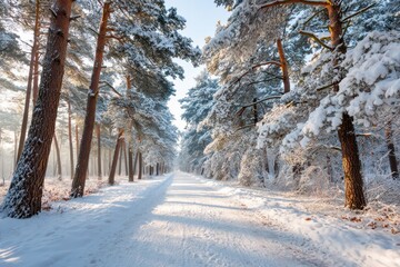 Serene winter pathway in a snow-covered forest
