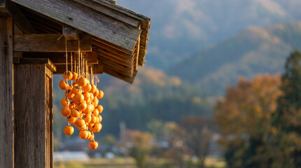 古民家の軒先に干された吊るし柿と秋の里山風景