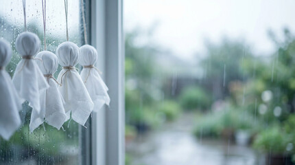 雨粒が流れる窓ガラスに吊るされたてるてる坊主