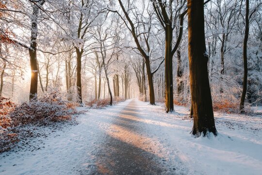 Serene winter pathway in a snow-covered forest - Powered by Adobe