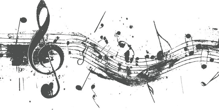 Grunge musical staff with treble clef and scattered notes in a distressed artistic style with ink splatters and brush strokes creating a dynamic abstract composition