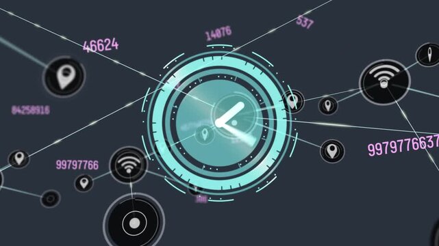 Animation of network of connections with icons over clock on abstract clock