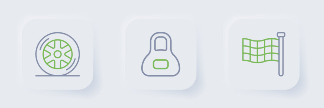 Set line Checkered flag, Weight and Car wheel icon. Vector