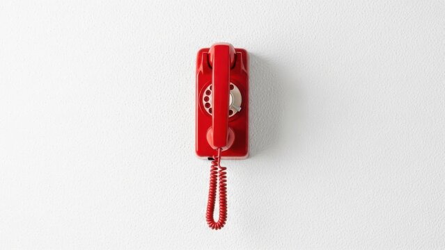 Vintage red wall phone with coiled cord on white background