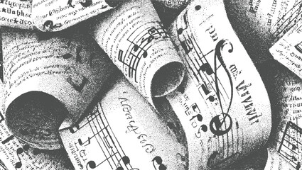 Vintage rolled sheet music with handwritten musical notation and stippled texture creating a classic artistic aesthetic for creative projects