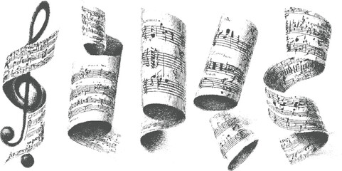 Dynamic composition of vintage sheet music scrolls unfurling with handwritten musical notation and a prominent treble clef