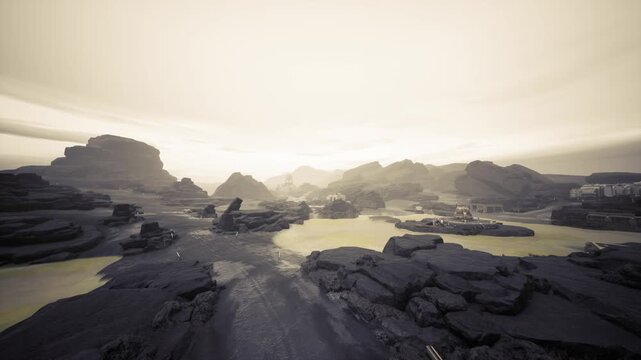 sunlit desert canyon landscape jagged rocks, golden haze over distant mesas, shallow reflective pools and gravelly paths, cinematic aerial perspective capturing