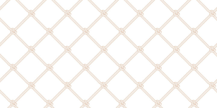 Seamless pattern with rope with sailor knots. Marine background with cord net. Outline seamless pattern with intertwined brown twine, vector illustration