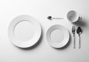 Top view of white plates, cutlery, and a cup on a white background