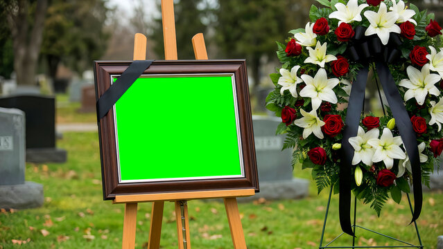 A somber funeral setting features a green screen photo frame draped with a black mourning ribbon next to a vibrant floral tribute wreath.