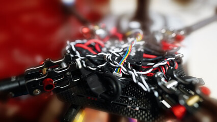 Fototapeta premium Close-up of Electronic Wiring and Mechanical Components Inside Device