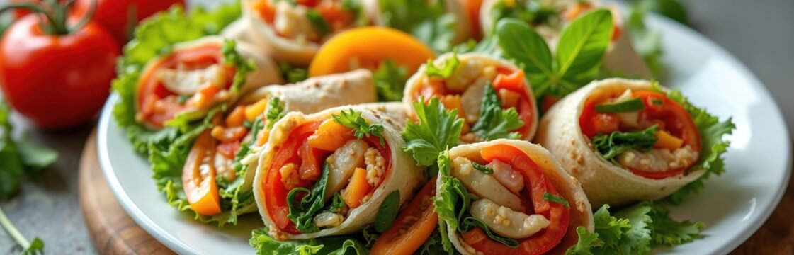 Close up photo of colorful veggie wraps on plate. Freshly made vegetarian wraps with assorted vegetables and green lettuce. Healthy food for lunch or gathering event. - Powered by Adobe