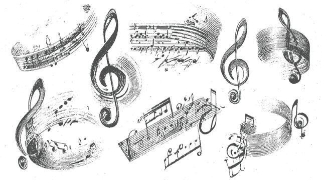 Collection of vintage musical notation scrolls and treble clefs presented in a detailed, textured style on a speckled background suggesting historical musical scores and artistic expression